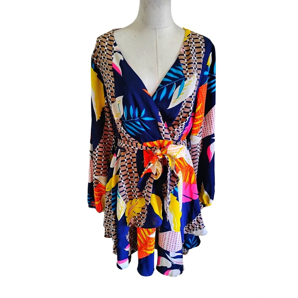 Imported Multicolor Abstract Geometric Ruffle Flounce Dress Size Large NWOT